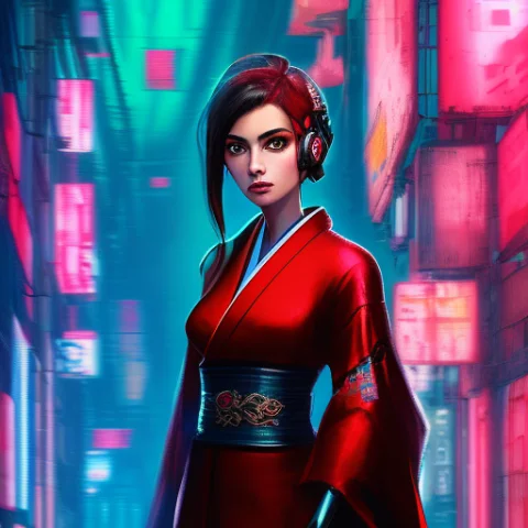A Girl In A Red Kimono, Masterpiece Composition, Cyberpunk — Stable Diffusion AI Prompt: a girl in a red kimono, masterpiece composition, cyberpunk