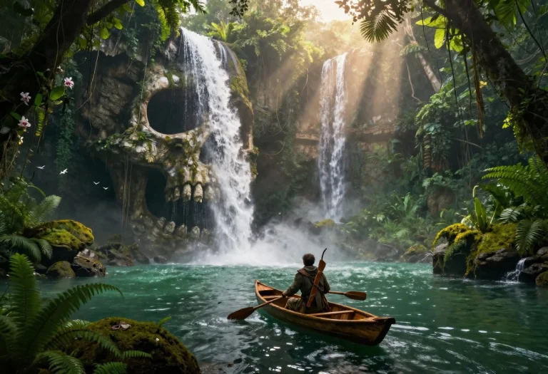 Epic Cinematic Fantasy Scene Of A Dense Tropical Jungle Lago...