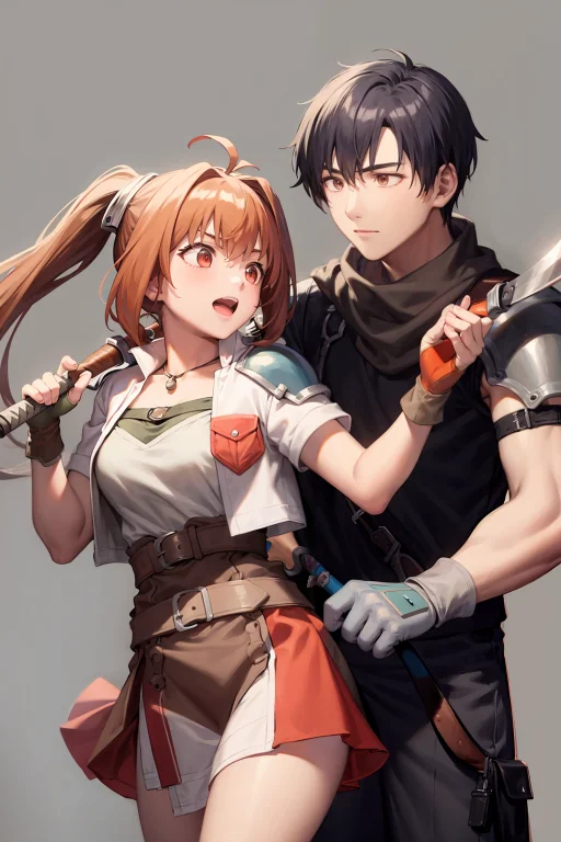 Masterpiece, Best Quality,1girl, 1boy, Holding, Holding Weap...