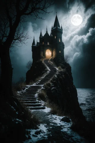 Zidiusart, A Dark Fantasy Digital Painting Of A Gothic Stone... — Stable Diffusion AI Prompt: zidiusArt, A dark fantasy digital painting of a gothic stone castle perched atop...
