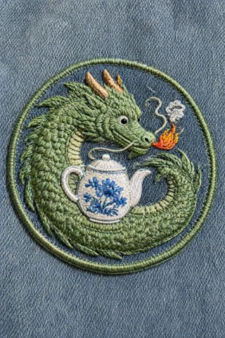 A Photograph Of A Hand-embroidered Patch Stitched Onto Faded... — Stable Diffusion AI Prompt: A photograph of a hand-embroidered patch stitched onto faded blue denim, shot fl...