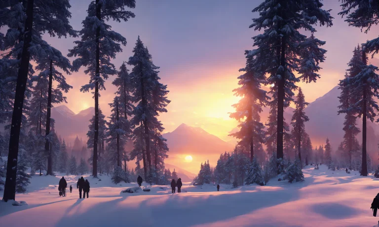 Drawing Of Covered In Snow Greek Large Forest Sunset At Suns...