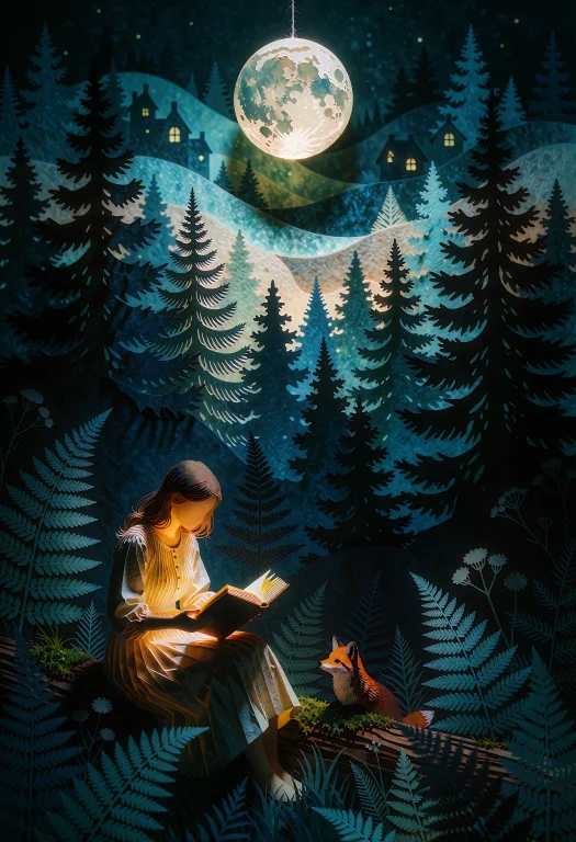 A Whimsical Layered Paper-cut Diorama Of A Woman Reading Ben...