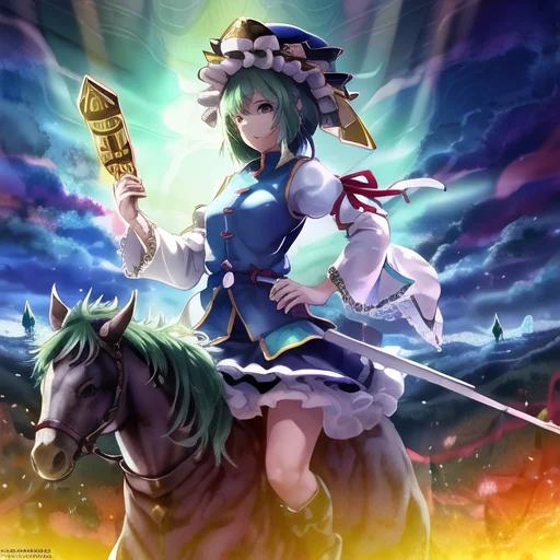 1girl, Eiki Shiki Green Hair, Blue Dress, Wearing A Hat, Hol...