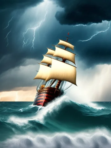 Sea, Storm, Pirate Ship, Raining, Thunderstorms — Stable Diffusion AI Prompt: sea, storm, pirate ship, raining, thunderstorms