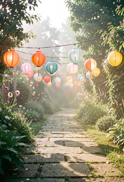 A Garden Path Glowing With Strung Paper Lanterns, Film Photo...