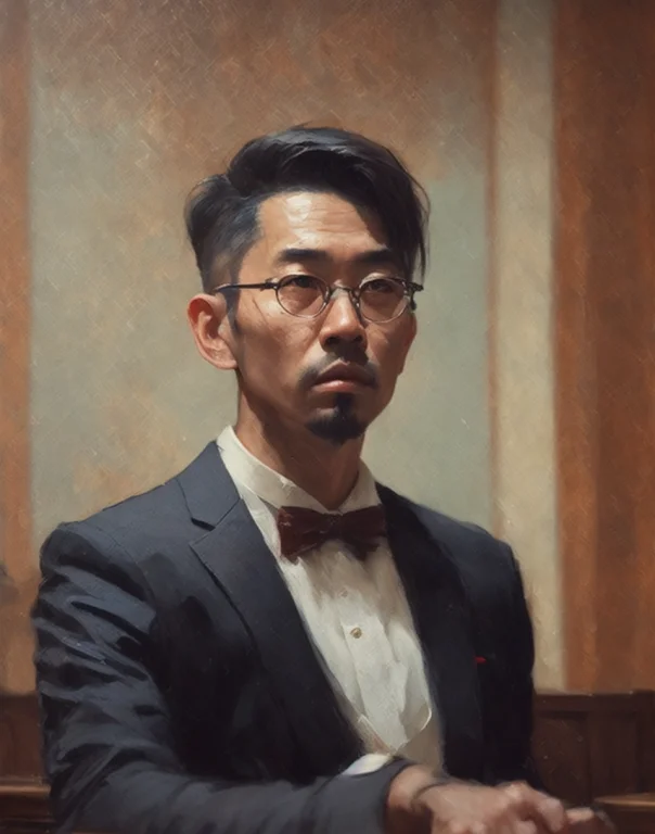 There Is A Man With His Hands On The Table, A Painting Of A...