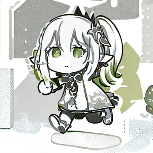 Chibi, Monochrome, White Hair, Green Eyes,humanoid Pointy Ea...