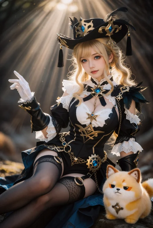 一位金发碧眼的年轻女性角色扮演者身着精致华丽的黑金配色洛可可...