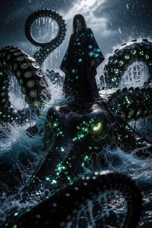 In The Heart Of A Stormy Ocean, A Mysterious Woman Stands At...