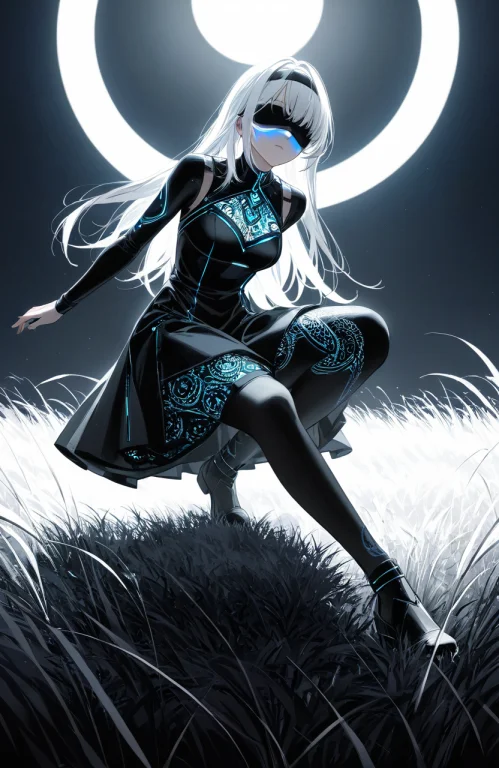 Anime Style, White-haired Woman, Black Blindfold, Intricate...