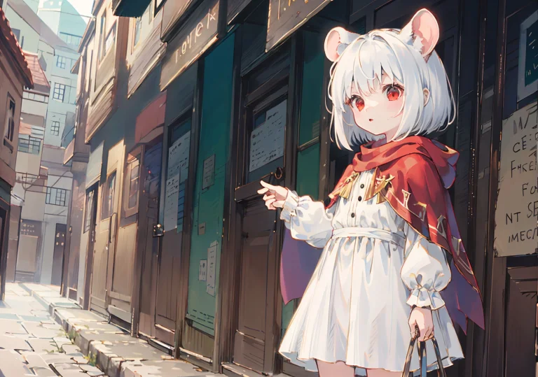 Howlbgs, City, 1girl, Child1.1, White Dress, Red Cape, Red E...