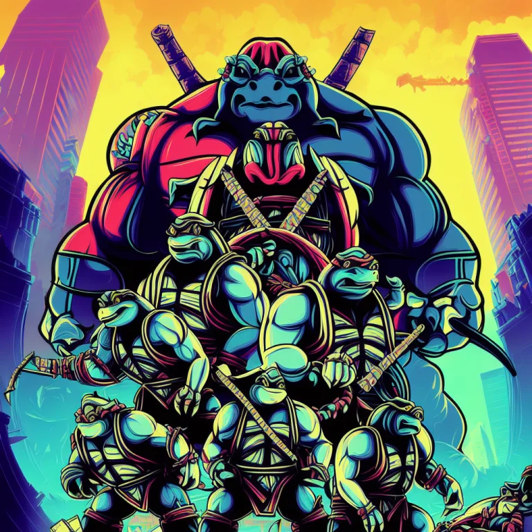 A Group Of Ninja Turtles In Front Of A Giant Robot With A Gi...