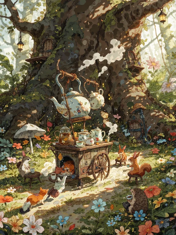 A Tiny Fox Running A Whimsical Tea Cart In The Middle Of A S...