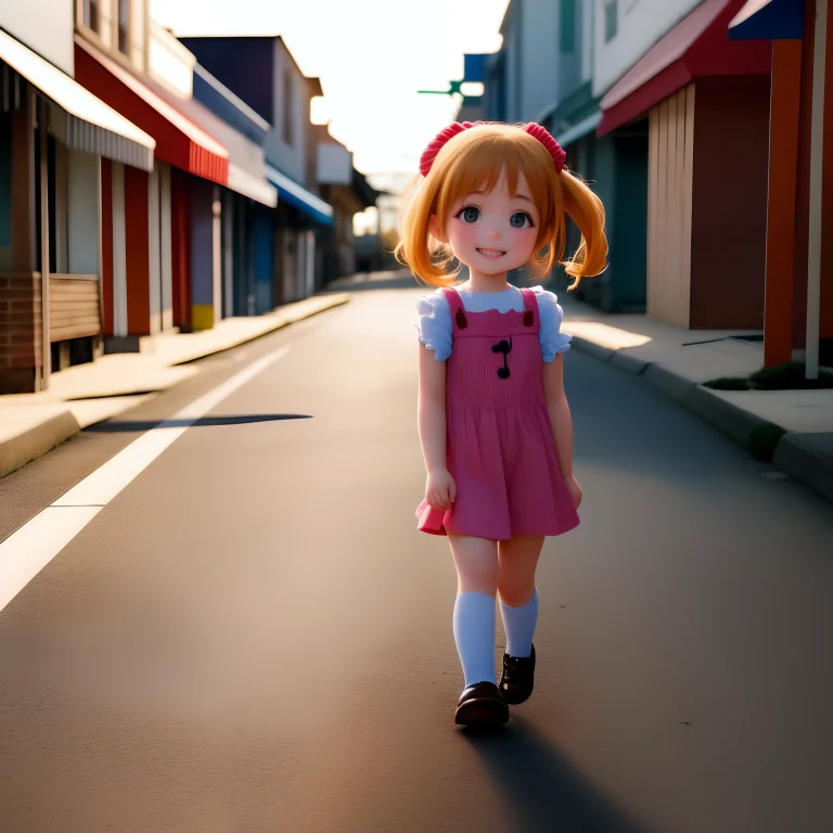 Cute Little Girl Walking In The Street Of A Small Town, Smil...