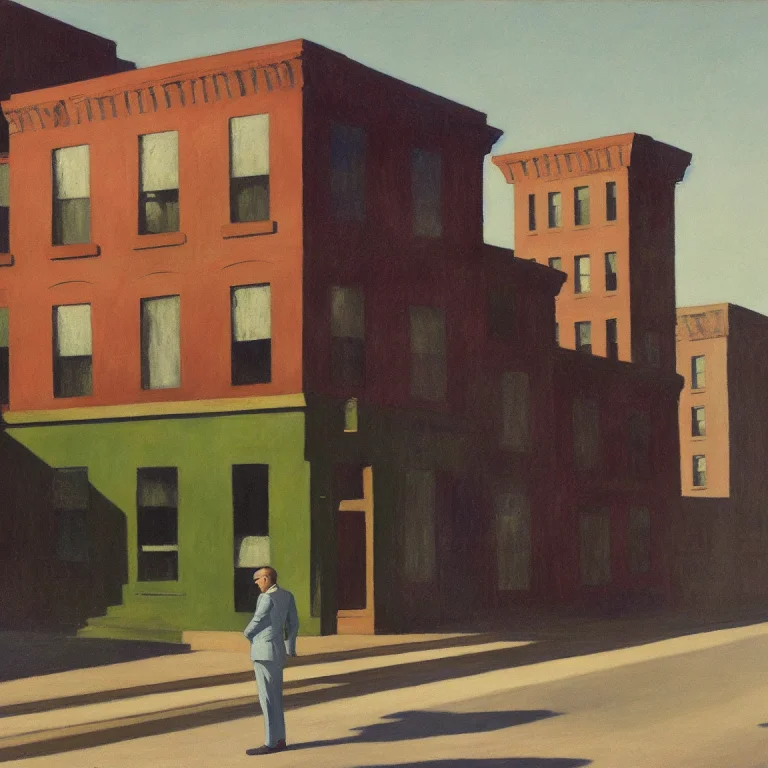 A Painting Of A Man In A Suit And Tie Standing On An Empty S...
