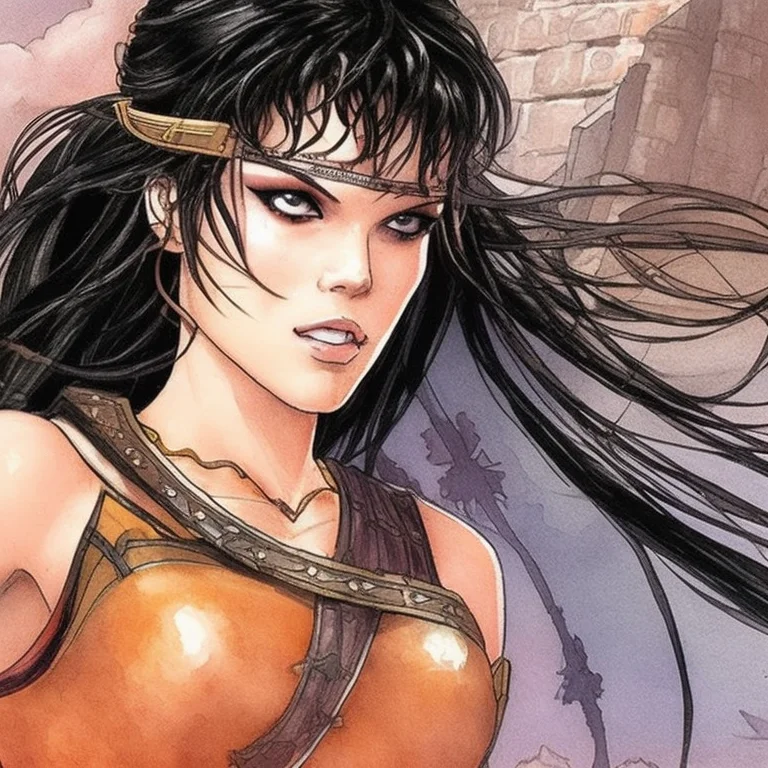 Closeup Painting Of Xena The Warrior Princess, Standing Next...