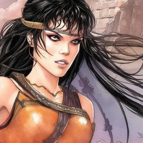 Closeup Painting Of Xena The Warrior Princess, Standing Next... — Stable Diffusion AI Prompt: closeup painting of xena the warrior princess, standing next to the ruins of an...