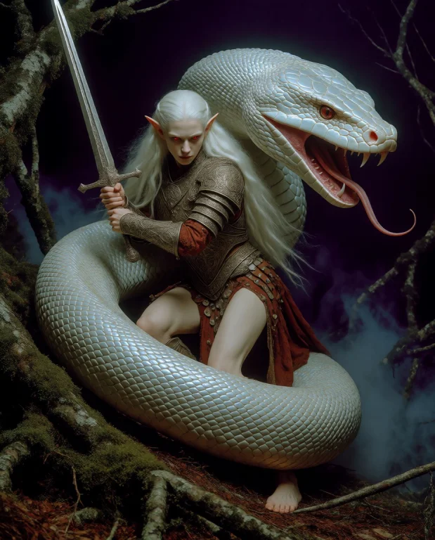 Cinematic Composition, Photorealistic. A Pale Elf Woman, Ful...