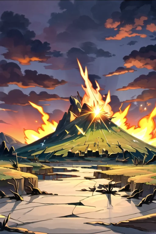 A Mountain With Fire Burning, Cracked Ground Surface, Dark,...