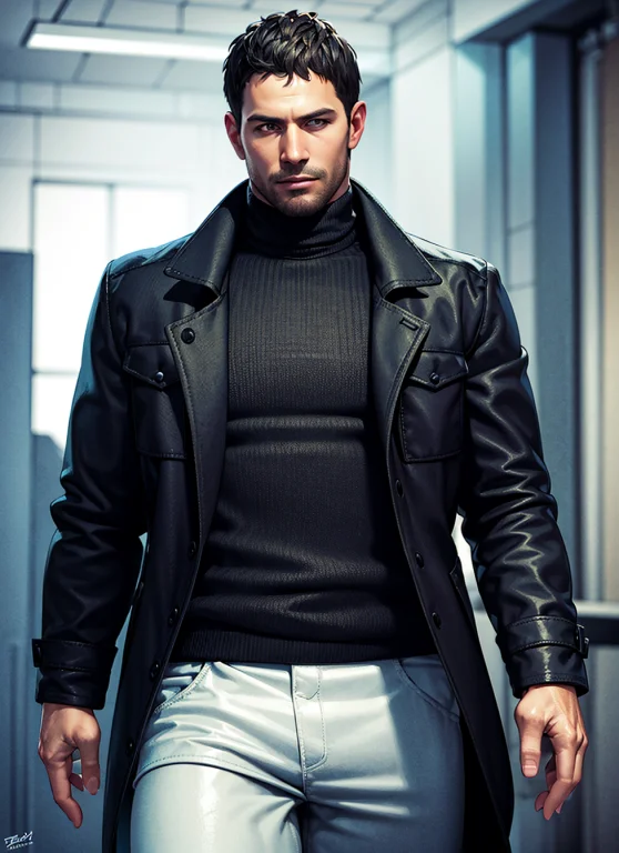1boy, Cowboy Shot Of Re5dfield, Black Coat, Turtleneck, Volu...