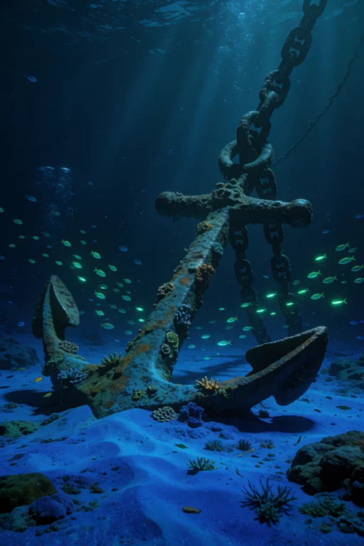 A Colossal Ancient Iron Anchor Resting On The Ocean Floor, M...