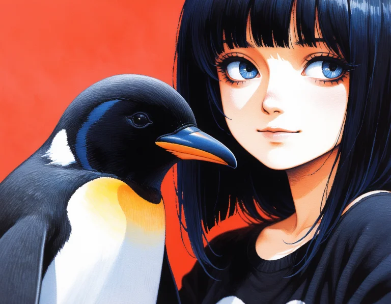 1girl, Emo Fashion, Portrait, Penguin, Light Smile, Sideways...