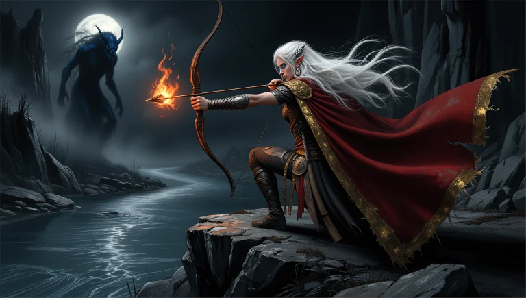 Dark Fantasy Illustration An Elven Archer With Long White Ha...