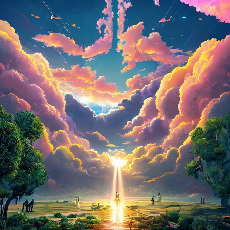 Heaven If It Were Cyberpunk, Volumetric, Neon, Clouds, Brigh...