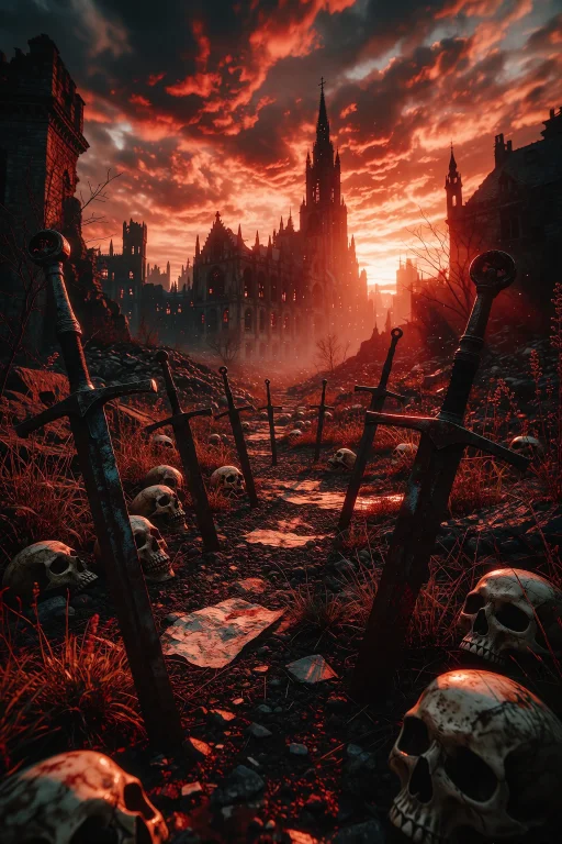 The Scene Depicts A Desolate, War-torn Landscape At Sunset,...