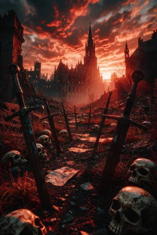 The Scene Depicts A Desolate, War-torn Landscape At Sunset,... — Stable Diffusion AI Prompt: The scene depicts a desolate, war-torn landscape at sunset, bathed in a dramatic...