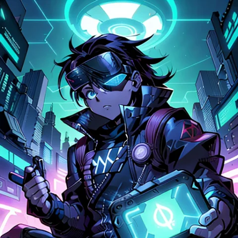 A Young Hacker Wearing A Vr Headset Jacks Into A Virtual Rea... — Stable Diffusion AI Prompt: A young hacker wearing a VR headset jacks into a virtual reality network, surrou...