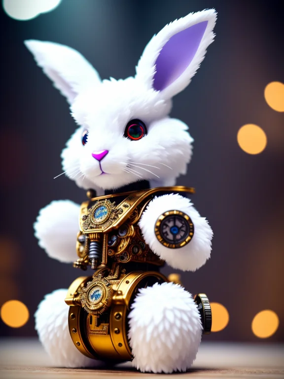 Close Up, A Fluffy White Rabbit Made Out Of Metal, Cyborg, C...