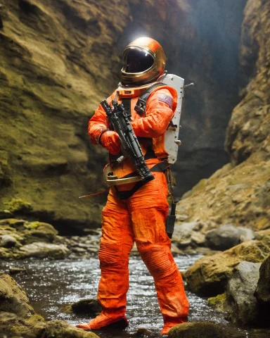 Classicnegative Photo, A Female Space Soldier Wearing An Ora... — Stable Diffusion AI Prompt: classicnegative photo, a female space soldier wearing an orange and white space...