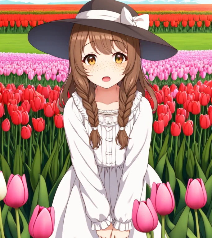 Highres, Best Quality, 1girl, Europe, Tulips, Solo, Flower,...