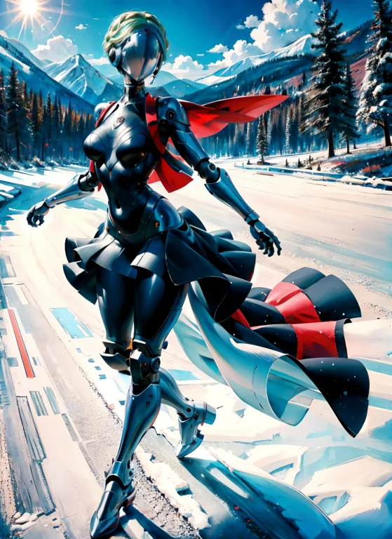 Robot, Mountains, Snow Everywhere, Trees, Sunshine, Rainbow,...