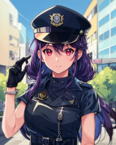 1girl, Ruri, Purple Hair, Bracelet, Long Hair, Police Office... — Stable Diffusion AI Prompt: 1girl, ruri, purple hair, bracelet, long hair, police officer uniform, sunglasse...