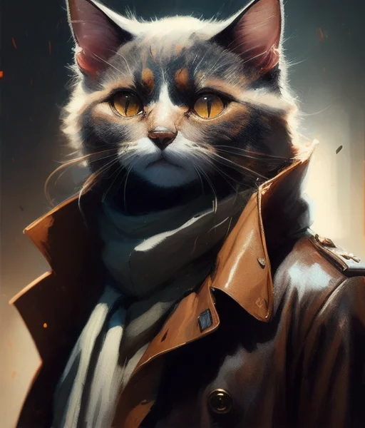 Wide Angle Of Cat Character Wearing A Trenchcoat, A Detailed...