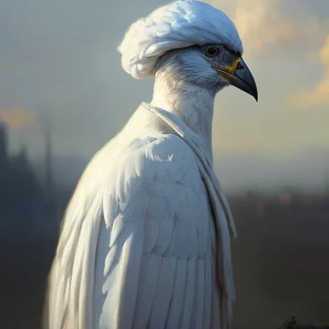 Block Paint Depicting A Bird Wearing A White Turban In An En... — Stable Diffusion AI Prompt: block paint depicting a bird wearing a white turban in an environment, posed por...