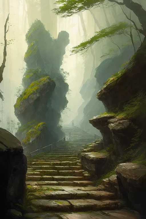 Ajaws, Concept Art Of Damp Stone Steps Curving Around A Prom...