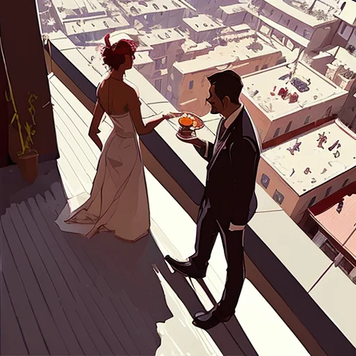 A Man And Woman Standing On A Restaurant Balcony Rooftop In...