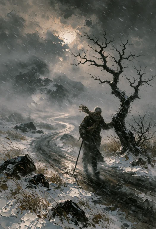 Ta86wistfall, A Solitary Elderly Traveler Crossing A Vast Wi...