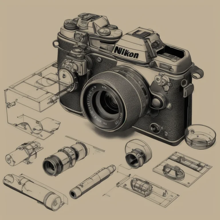 A Highly Exploded View Drawing Of A Nikon Camera. Dimensions...