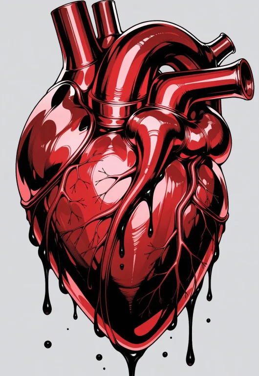 Red Floating Metal Heart, Heart Dripping Black Ink, Metallic...