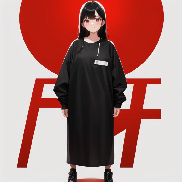 Cute Face, Black Hair, Full Body, Red Skin, Oversized Clothe...