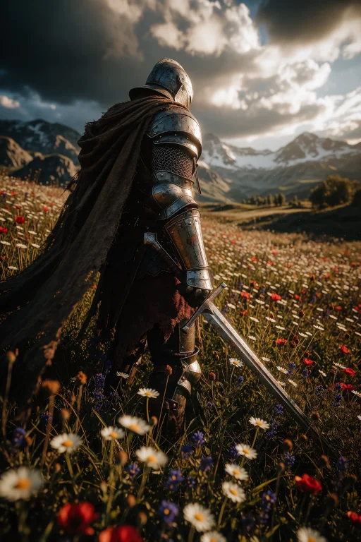 A Lone Armored Knight Standing In A Vast, Wildflower-filled...