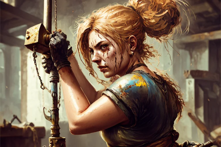 Fantasy Painting, Closeup A Beautiful Female Swinging A Hamm...
