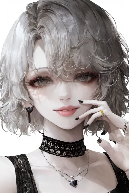 Pilyeon, 1girl, Black Nails, Jewelry, Short Hair, Looking At...