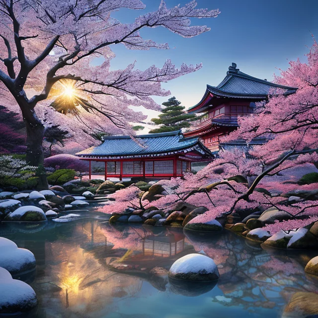 Hyperrealism,candid Photo Of Japanese Garden, Sakura, Snow,...