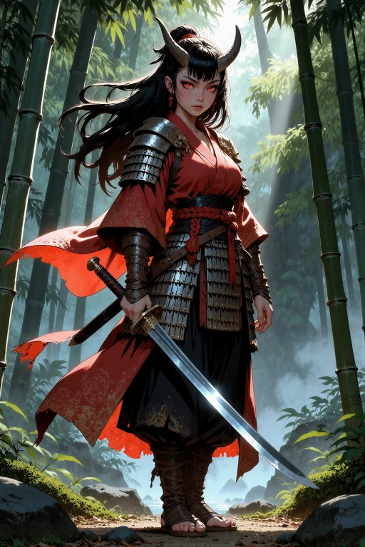 An Illustration Of A Young Oni Swordswoman With Small Horns...